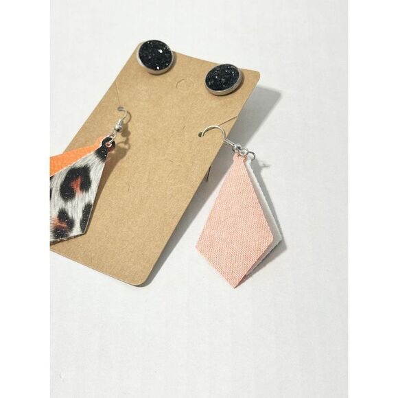 Leopard Print Vegan Leather Dangle & Crystal Round Earrings Orange Black 2 Pairs - Picture 5 of 7